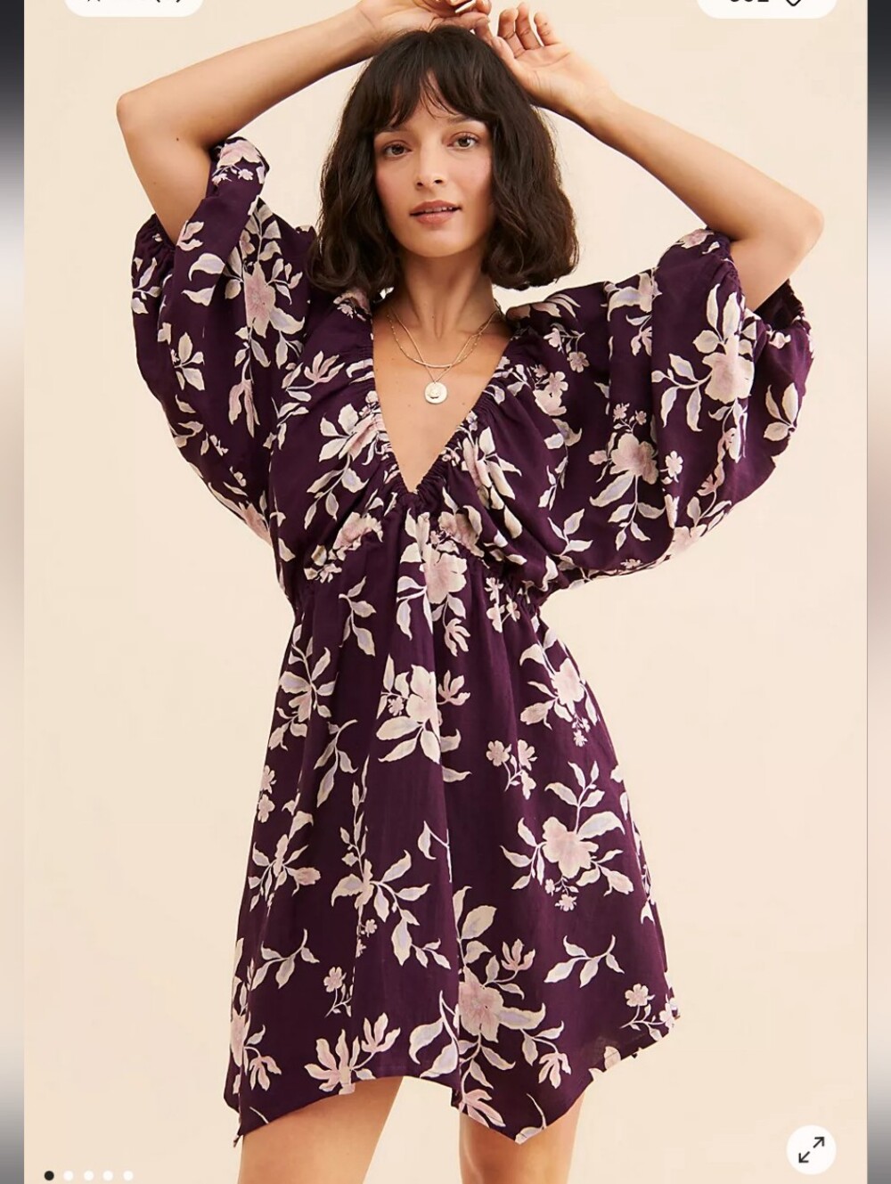Free People Portia Floral Print Deep V Puff-Sleeve Mini Dress Size large